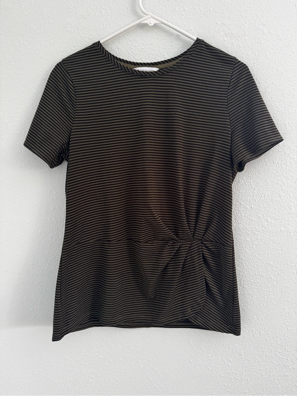 Liz Claiborne Black & Olive Striped Twist-Front Short Sleeve Top